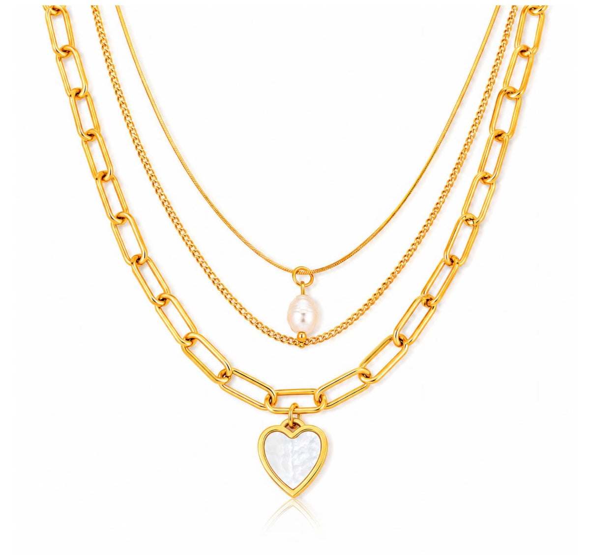Triple Stacked Pearl Necklace | 18k Triple Gold Plated | Stainless Steel Center | Freshwater Pearl