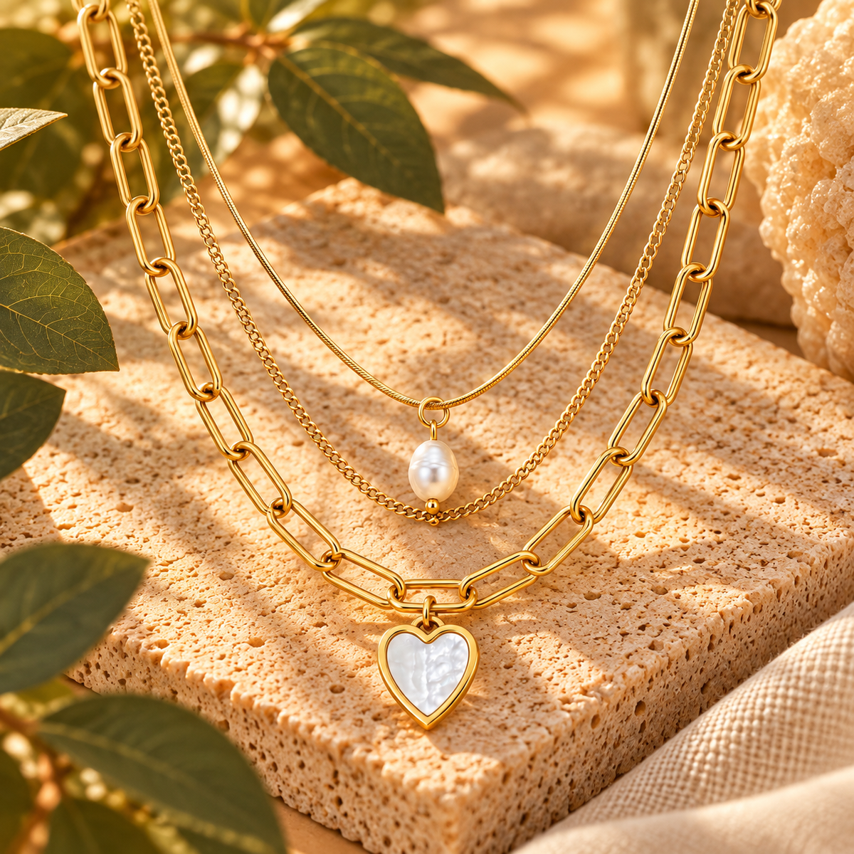 Triple Stacked Pearl Necklace | 18k Triple Gold Plated | Stainless Steel Center | Freshwater Pearl