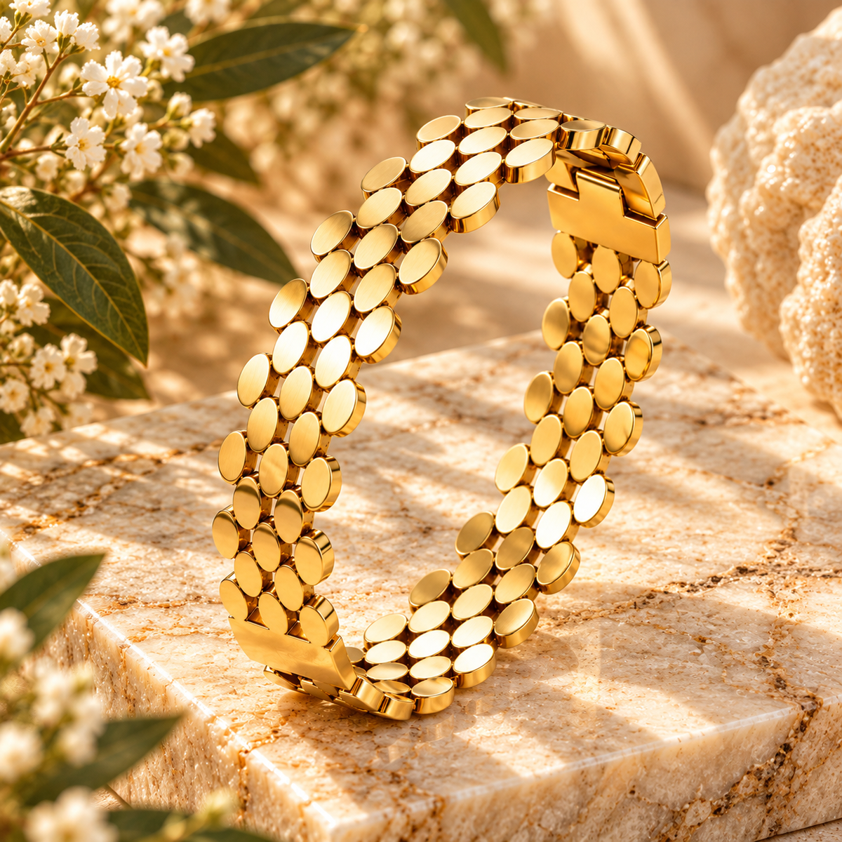 Pavement of Gold Bracelet | 18k Triple Gold Plated | Stainless Steel Center