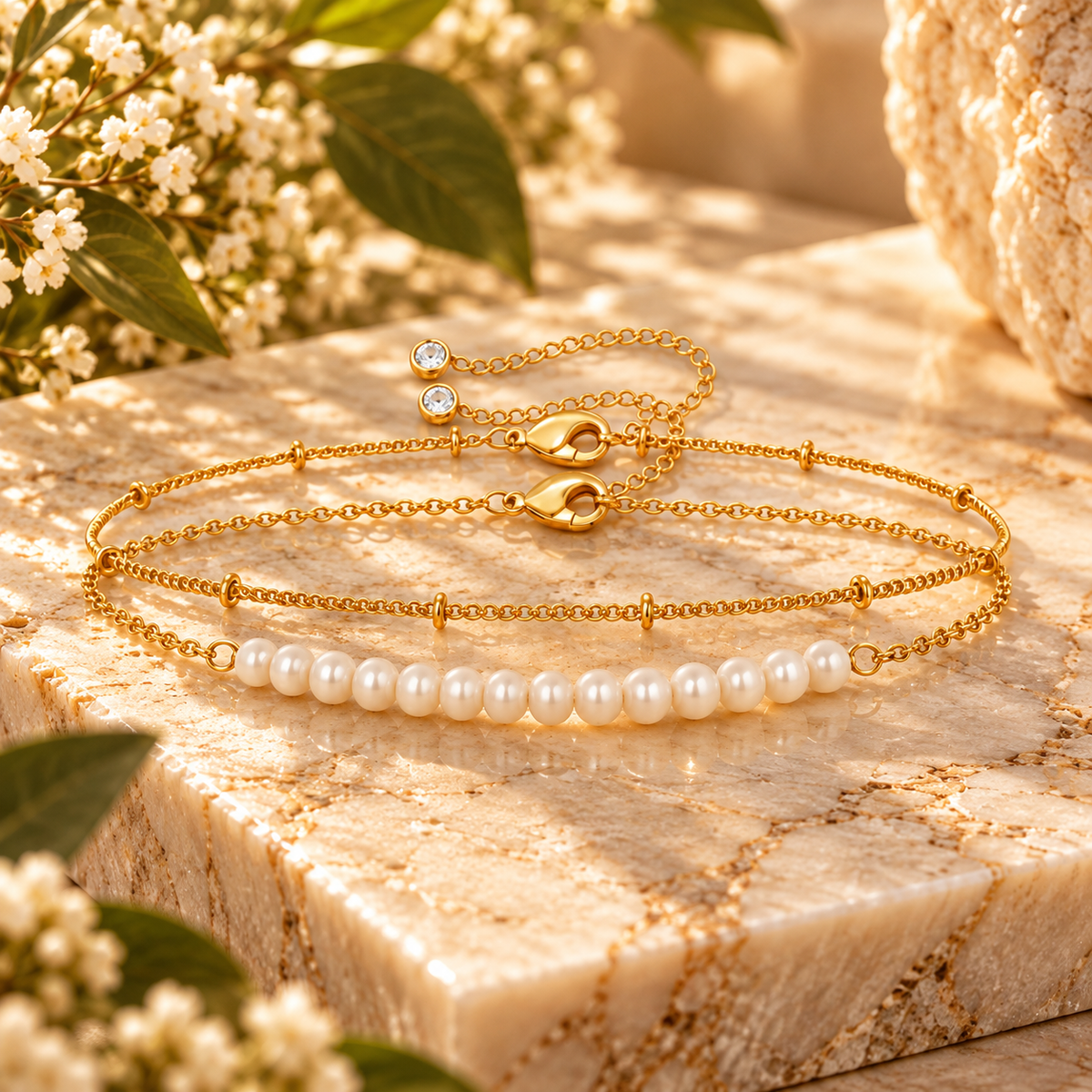Bed of Pearls Bracelet| 18k Triple Gold Plated | Stainless Steel Center | Freshwater Pearls
